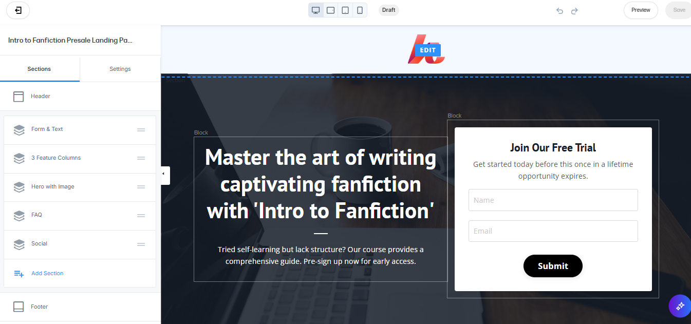 Kajabi's landing page builder